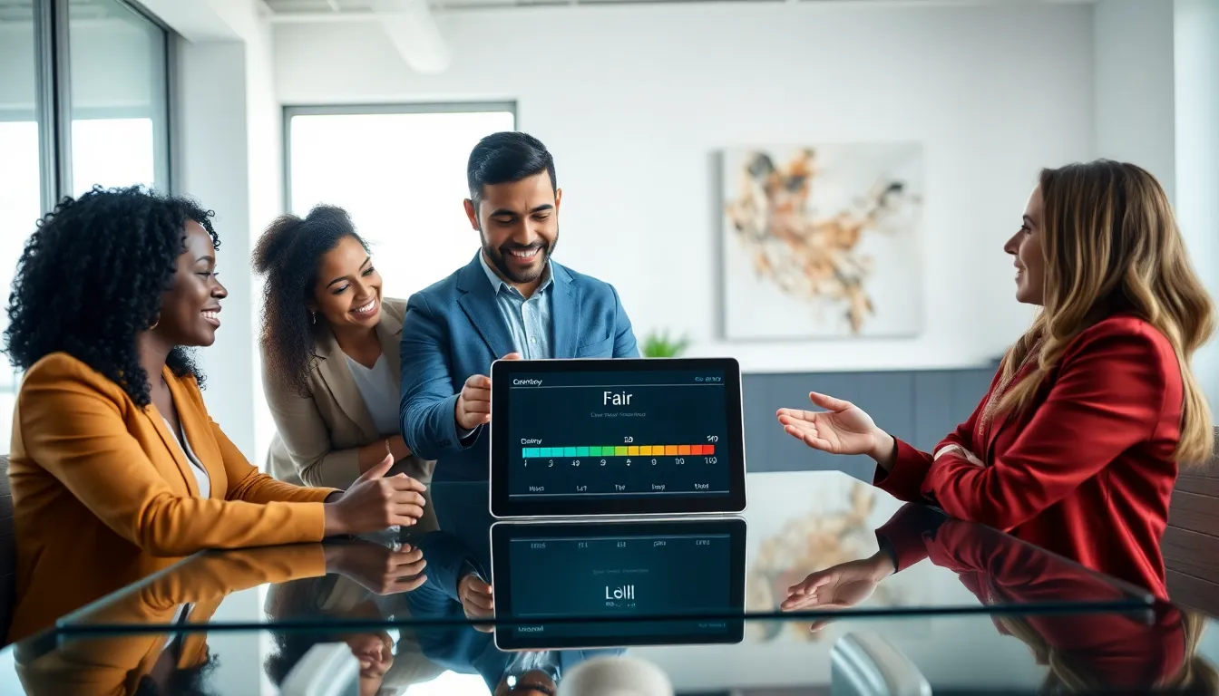 diverse team discussing credit scores in a modern office.
