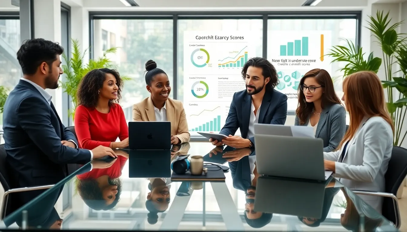 diverse professionals discussing credit scores in a modern office.