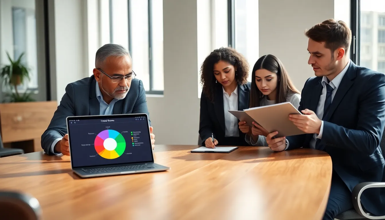 professionals discussing credit scores in a bright office setting.