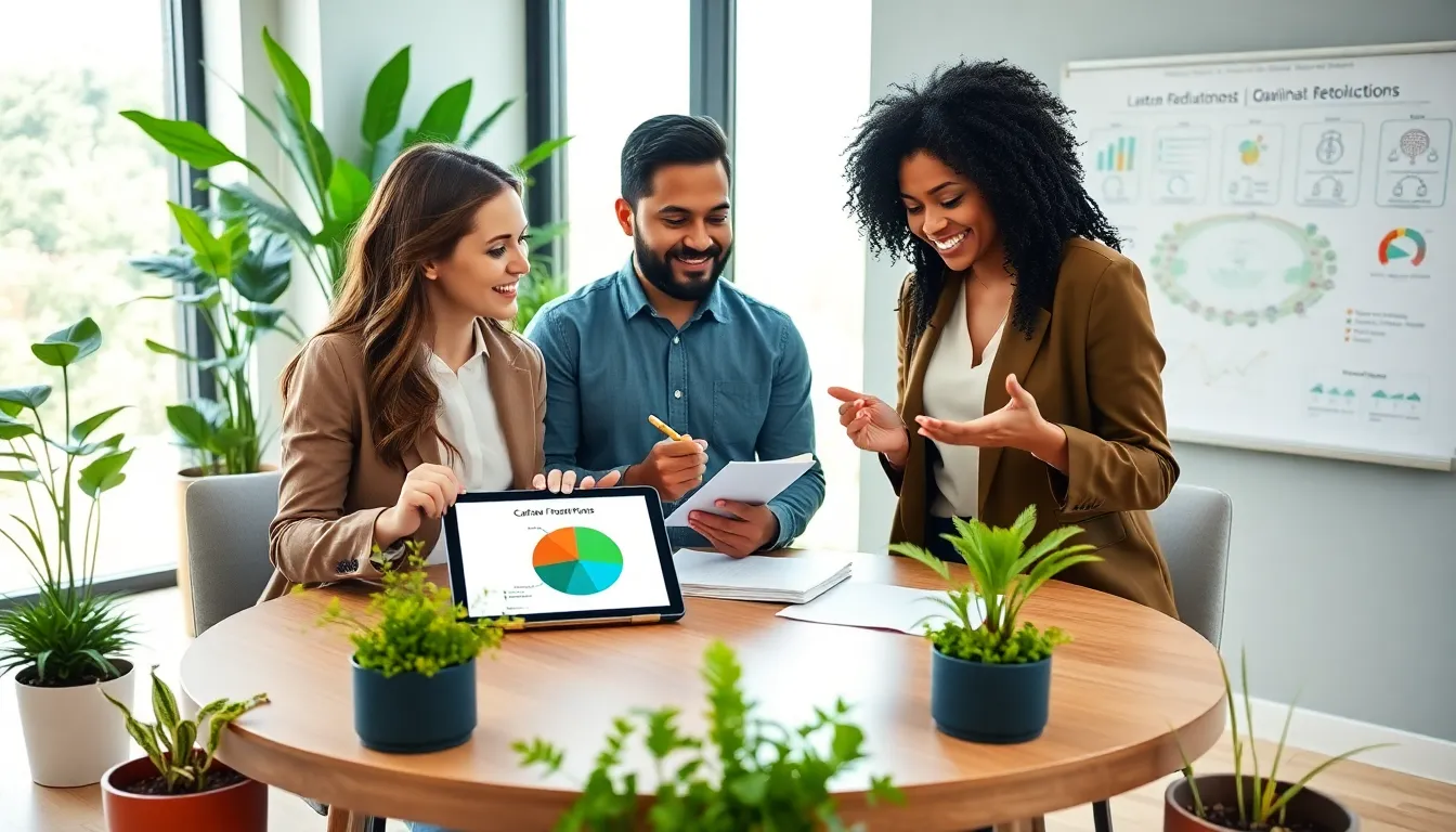 diverse team discussing sustainable living solutions in an office setting.