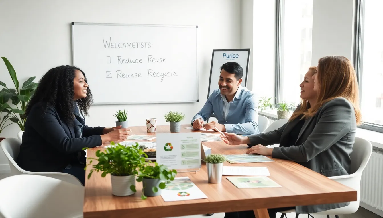 diverse team discussing sustainable living principles in a modern office.