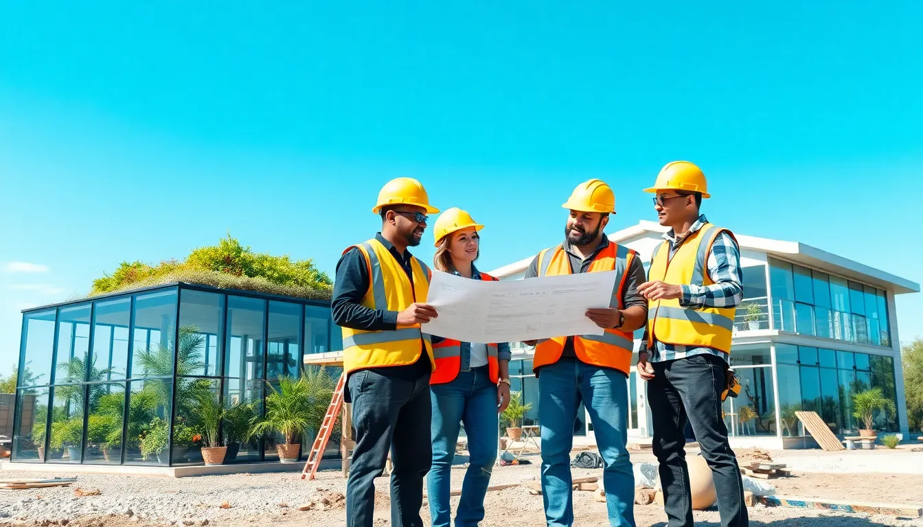 diverse team of builders at a sustainable construction site.
