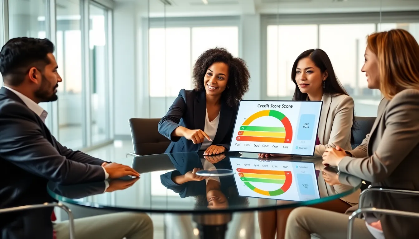 diverse professionals discussing credit score ranges in a modern office.