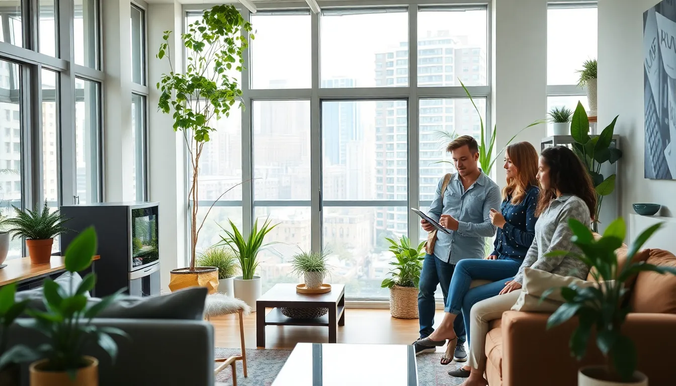 diverse professionals discussing sustainable apartment living interior.