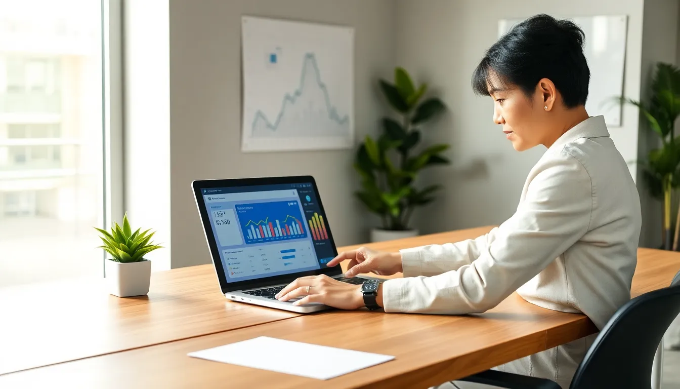 a businesswoman analyzing credit information in a modern office.