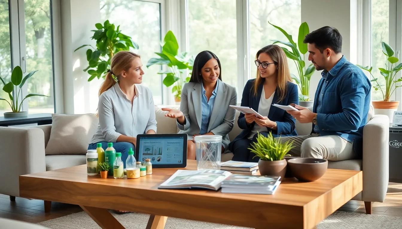 professionals discussing sustainable living in a modern space.