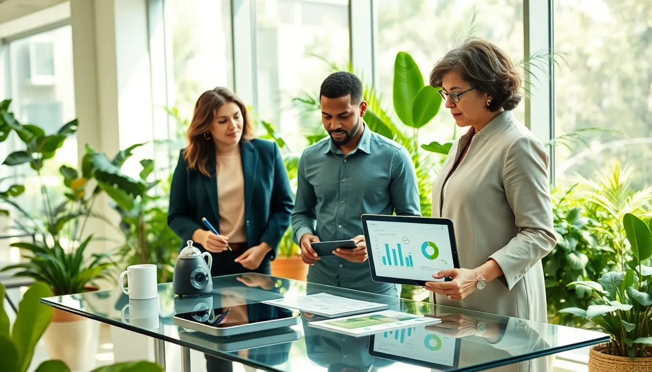 diverse professionals discussing sustainable living in a modern office.