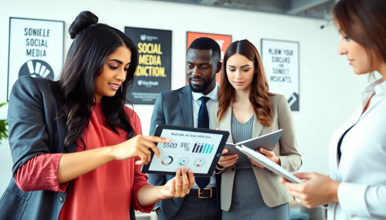diverse professionals discussing social media addiction in a modern office.