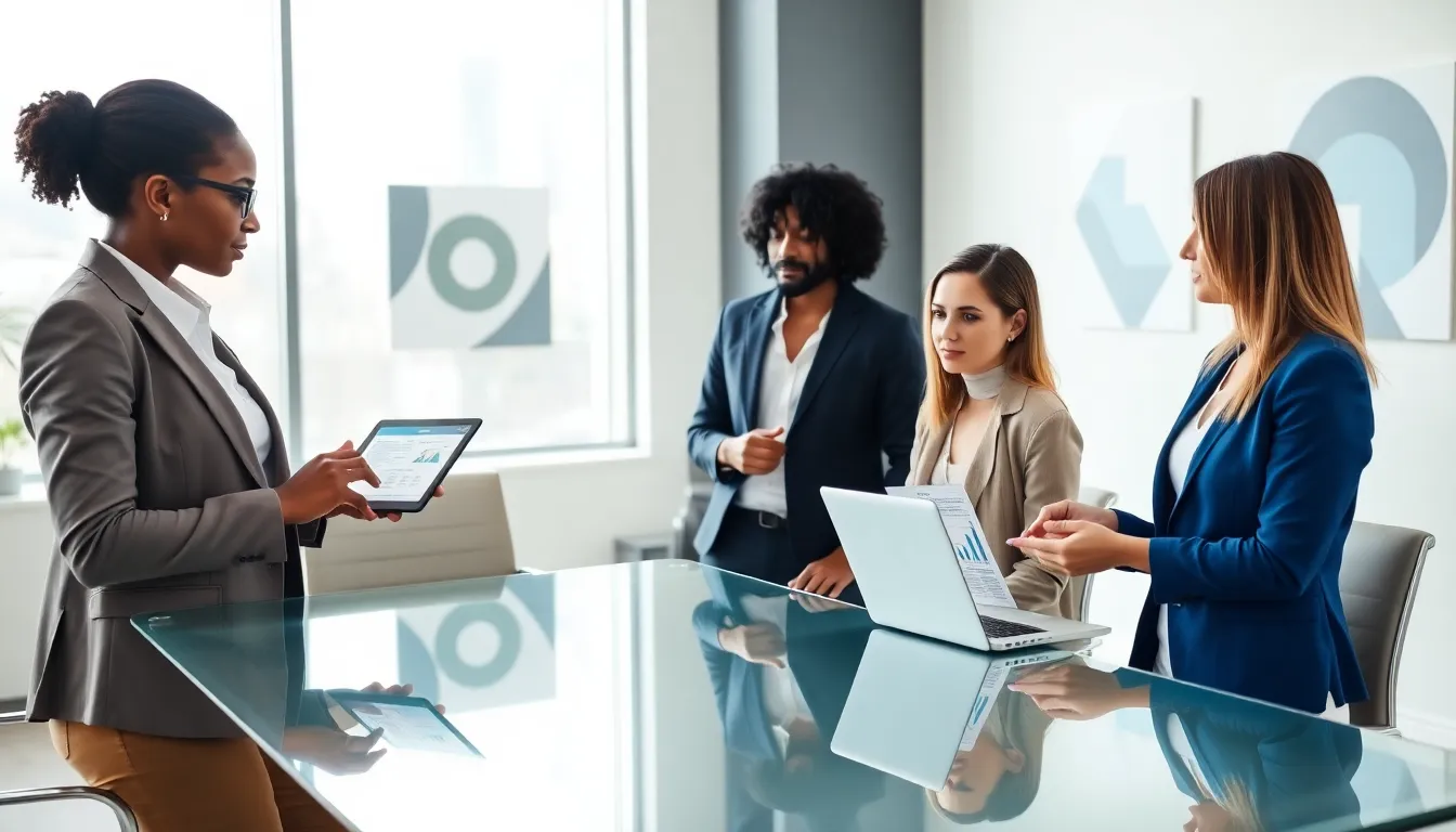 professionals discussing credit scores in a modern office